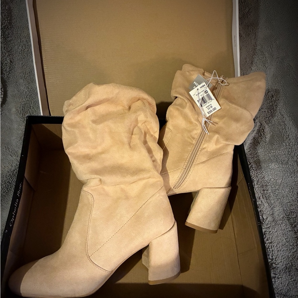 Beige Slouch Block Heel Women's Boots